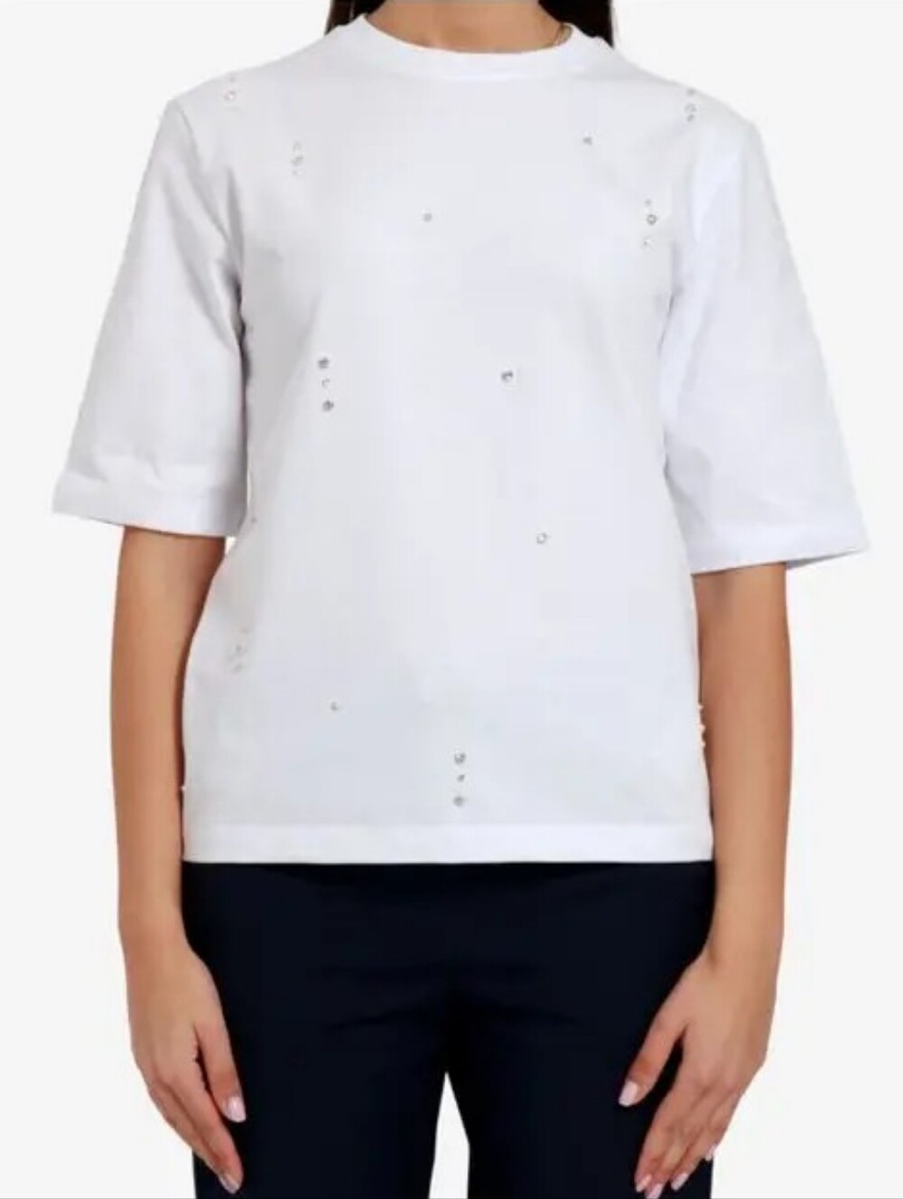 ZARA White Rhinestone Embellished Crewneck T-Shirt